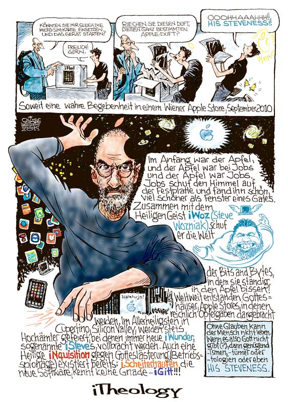 Oliver Schopf, politischer Karikaturist aus Österreich, politische Karikaturen aus Österreich, Karikatur Illustrationen Comic Bildergeschichte 2011: apple mac steve jobs god religion theology iWoz 




