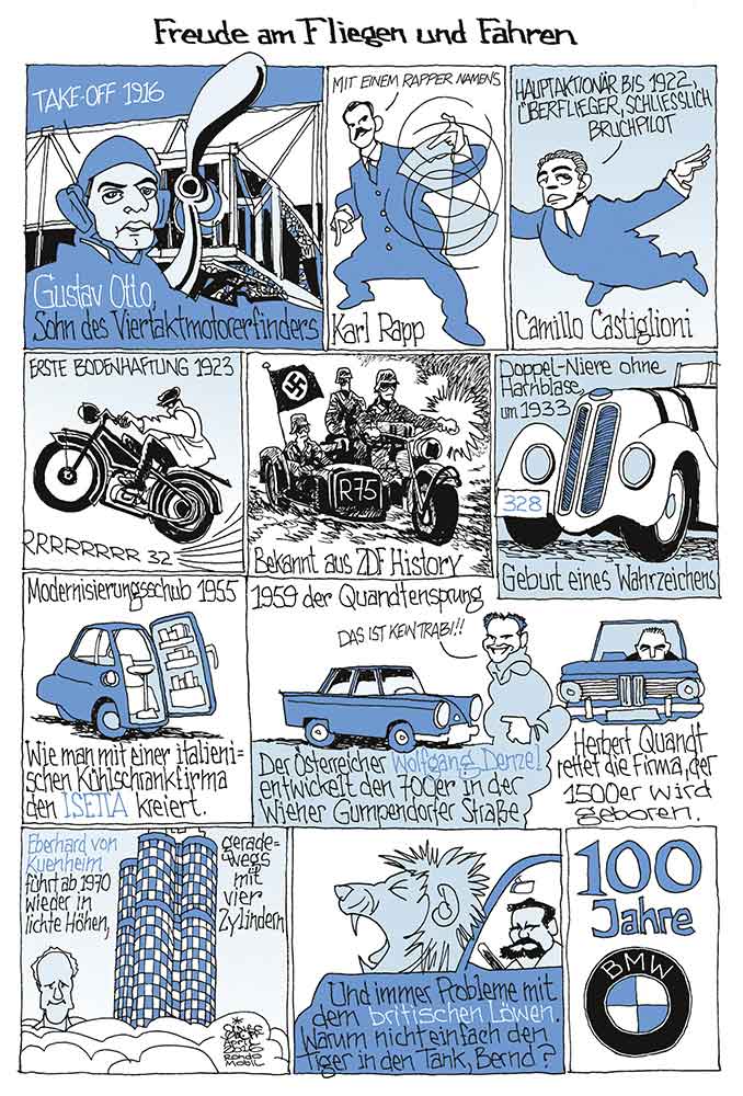 Oliver Schopf, politischer Karikaturist aus Österreich, politische Karikaturen aus Österreich, Karikatur Illustrationen Comic Bildergeschichte 2016 BMW AUTOMOBIL 100 JAHRE FREUDE AM FAHREN GUSTAV OTT KARL RAPP CAMILLO CASTIGLIONI MOTORRAD WOLFGANG DENZEL ISETTA HERBERT QUANDT EBERHARD VON KUENHEIM BERND PISCHETSRIEDER








