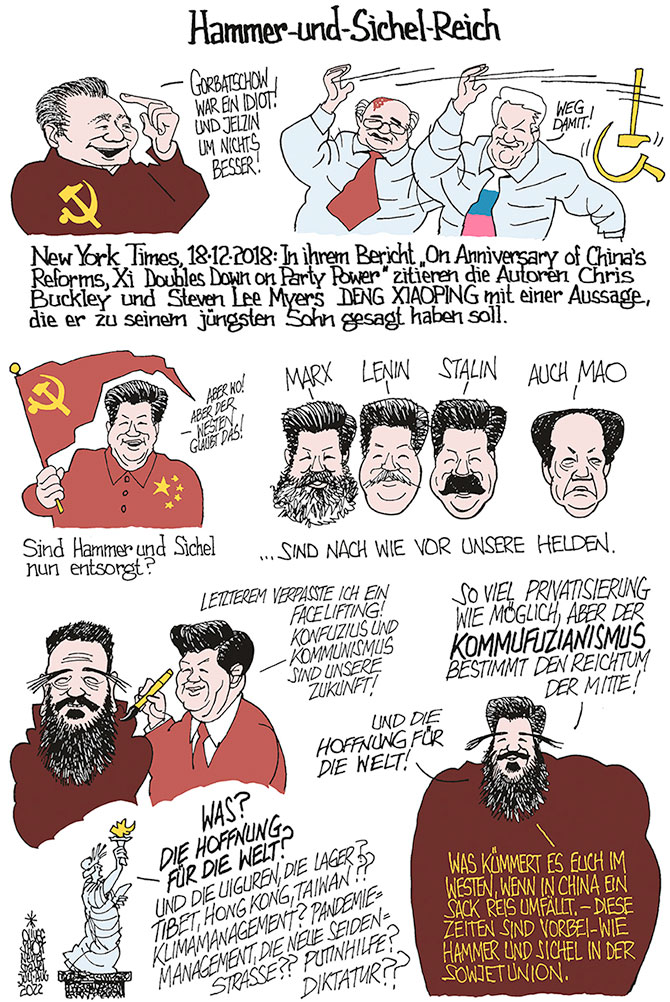 Oliver Schopf, politischer Karikaturist aus Österreich, politische Karikaturen aus Österreich, Karikatur Cartoon Illustrationen Politik Politiker international 2022: CHINA HAMMER UND SICHEL KOMMUNISTISCHE PARTEI KOMMUNISMUS DENG XIAOPING KARL MARX LENIN STALIN MAO ZEDONG XI JINPING KONFUZIUS FREIHEITSSTATUE GORBATSCHOW JELZIN 
