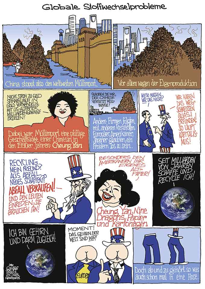 Oliver Schopf, politischer Karikaturist aus Österreich, politische Karikaturen aus Österreich, Karikatur Illustrationen Comic Bildergeschichte 2018 : CHINA MÜLL IMPORT ENTSORGEN USA EUROPA JAPAN CHEUNG YAN NINE DRAGONS ABFALL RECYCELN MEGACITY CHINESISCHE MAUER



