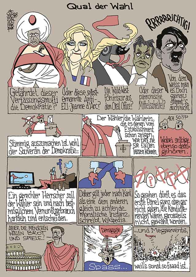 Oliver Schopf, politischer Karikaturist aus Österreich, politische Karikaturen aus Österreich, Karikatur Illustrationen Comic Bildergeschichte 2017 : DEMOKRATIE WAHLEN WÄHLER HITLER ORBÁN TRUMP ERDOGAN MARINE LE PEN VOLK SOUVERÄN IMPERATOR BROT UND SPIELE DEMAGOGIE KRIEG 




