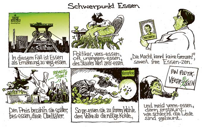 Oliver Schopf, politischer Karikaturist aus Österreich, politische Karikaturen aus Österreich, Karikatur Illustrationen Comic Bildergeschichte 2011: essen politik politiker macht geld kohle korruption




