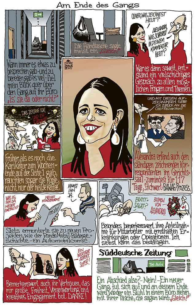 Oliver Schopf, politischer Karikaturist aus Österreich, politische Karikaturen aus Österreich, Karikatur Illustrationen Comic Bildergeschichte 2018 : ALEXANDRA FÖDERL-SCHMID DER STANDARD CHEFREDATEURIN ABSCHIED ENDE SZ TEL AVIV KORRESPONDENTIN  TASCHE ZEICHNEN BAWAG PROZESS 





