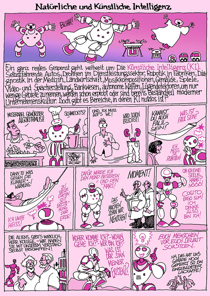 Oliver Schopf, politischer Karikaturist aus Österreich, politische Karikaturen aus Österreich, Karikatur Illustrationen Comic Bildergeschichte 2018 : KÜNSTLICHE INTELLIGENZ ARTIFICIAL INTELLIGENCE ROBOTIK ROBOTER ARBEIT 4.0 INDUSTRIE DIGITALISIERUNG DIGITALE REVOLUTION 

