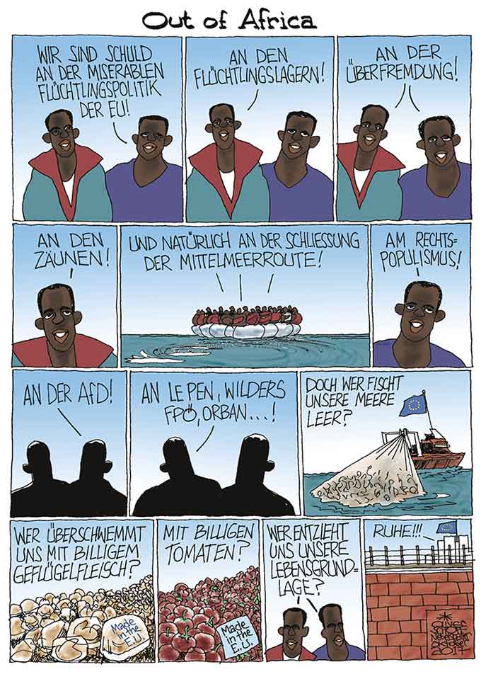 Oliver Schopf, politischer Karikaturist aus Österreich, politische Karikaturen aus Österreich, Karikatur Illustrationen Comic Bildergeschichte 2017 : FLÜCHTLINGE REFUGEES AUFFANGLAGER  MITTELMEERROUTE  EU EUROPA AFRIKA FISCHFANG TRAWLER GEFLÜGELFLEISCH TOMATEN LEBENSGRUNDLAGE EXISTENZ 





