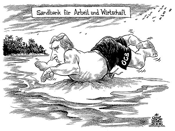  
Oliver Schopf, editorial cartoons from Austria, cartoonist from Austria, Austrian illustrations, illustrator from Austria, editorial cartoon
Europe austria archive 2007; Sandbank for labor and economy: Fritz Verzetnitsch president  of Austria’s trade union federation (OEGB) swimming not in the sea but in the air his belly on a sandbank stranded beached affair austrian bank

