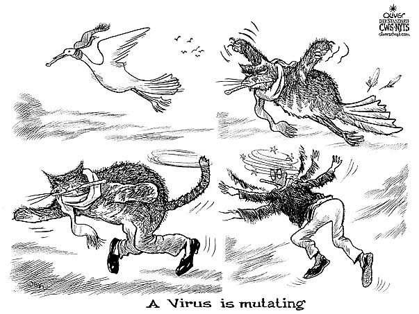  
Oliver Schopf, editorial cartoons from Austria, cartoonist from Austria, Austrian illustrations, illustrator from Austria, editorial cartoon
Europe EU eu European union climate and environment
2006 birdflu H5n1 birdflu mutation cat duck flying mutating virus

