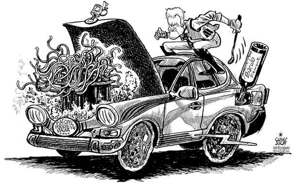 Oliver Schopf, editorial cartoons from Austria, cartoonist from Austria, Austrian illustrations, illustrator from Austria, editorial cartoon 
Europe 2009: eu, car, fiat, opel, vw, porsche, magna, frank stronach ceo magna horseback riding on a vehicle boiling motor spaghetti fuel is barolo italian wine
