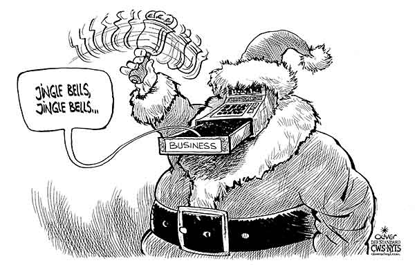 Oliver Schopf, editorial cartoons from Austria, cartoonist from Austria, Austrian illustrations, illustrator from Austria, editorial cartoon economy finances business markets 2009: christmas, santa claus, bells, jingle bells, cash
  width=