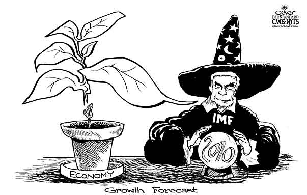 Oliver Schopf, editorial cartoons from Austria, cartoonist from Austria, Austrian illustrations, illustrator from Austria, editorial cartoon economy finances business markets 2009:  economy, imf, strauss-kahn, plant, growth, forecast, balloon bowl soothsaying scrying
  width=