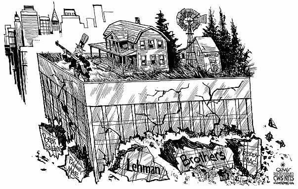 Oliver Schopf, editorial cartoons from Austria, cartoonist from Austria, Austrian illustrations, illustrator from Austria, editorial cartoon economy finances business markets 2008: usa, wall street, investment bank, lehman brothers, bear stearns, fanny mae, freddy mac, penthouse, uncle sam, terror 
