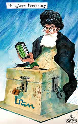 Oliver Schopf, editorial cartoons from Austria, cartoonist from Austria, Austrian illustrations, illustrator from Austria, editorial cartoon iran 2009:  religious democracy, religion, ballot box elections, new media protest internet youtube twitter, web, cell phone politician politicians
