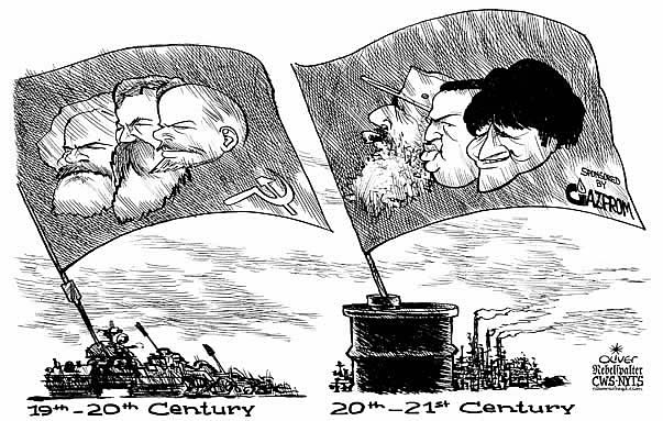 Oliver Schopf, editorial cartoons from Austria, cartoonist from Austria, Austrian illustrations, illustrator from Austria, editorial cartoon Middle and South America 2008: flag, communism, marx, engels, Lenin, castro, chavez, morales, gazprom    

