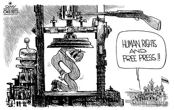 Oliver Schopf, editorial cartoons from Austria, cartoonist from Austria, Austrian illustrations, illustrator from Austria, editorial cartoon russia  2009: 2009: russia, human rights, free press, paragraph, natalya estemirova homicide human rights and free press politician politicians liberation
