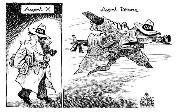Oliver Schopf, editorial cartoons from Austria, cartoonist from Austria, Austrian illustrations, illustrator from Austria, editorial cartoon world 2009: usa, cia, agent, drone weapons arms aircraft

