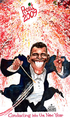 Oliver Schopf, editorial cartoons from Austria, cartoonist from Austria, Austrian illustrations, illustrator from Austria, editorial cartoon us usa united states of america presidential election 2008: the new president of the united states barack obama as conductor




