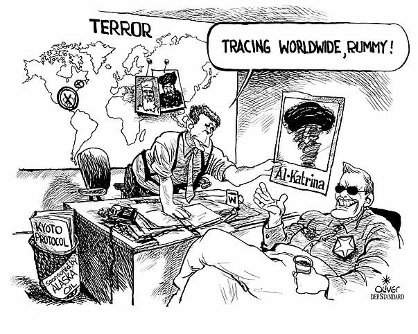Oliver Schopf editorial cartoons, cartoonist, cartoon, USA president George W. Bush 2005; Hurrican; Bush and Rumsfeld; Terror
