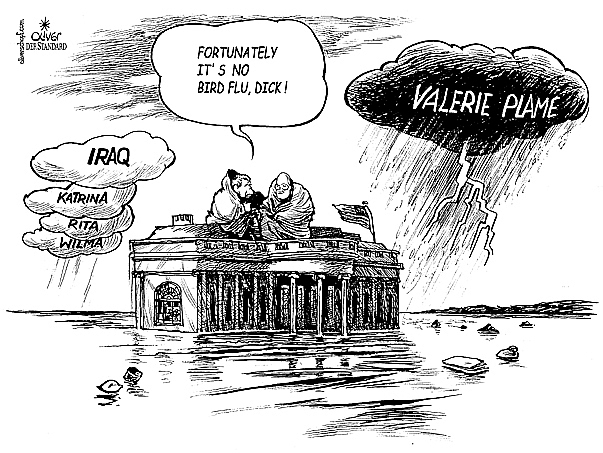 Oliver Schopf editorial cartoons, cartoonist, cartoon, USA president George W. Bush Dick Cheney  the Valerie Plame Affaire 2005 Tremendous hurricanes sweep the USA this year agent.
