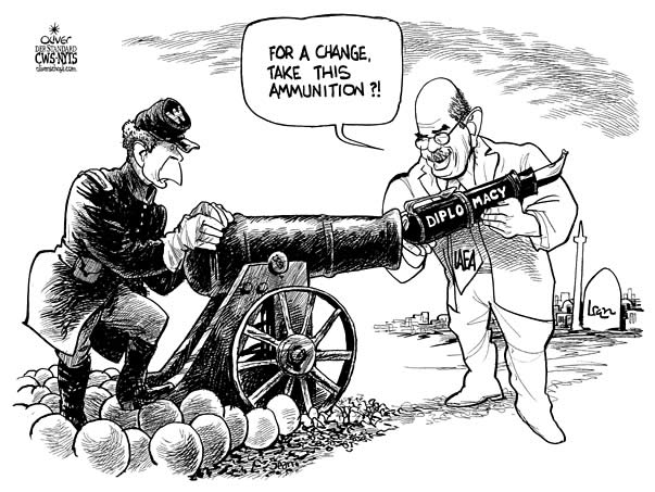 Oliver Schopf editorial cartoons, cartoonist, cartoon, USA president George W. Bush iran nuke power diplomacy iaeo wappon
