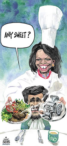 Oliver Schopf editorial cartoons, cartoonist, cartoon, USA president George W. Bush 2005; 2006:  minister forenge affaires condolica rice, ahmedinejad, usa, iran, atom plan nuke 
