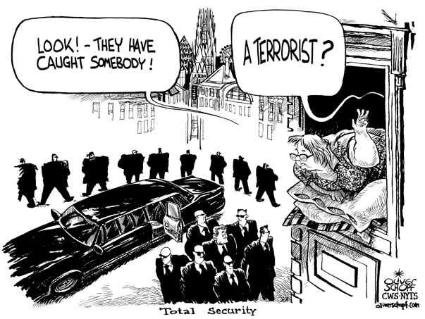 Oliver Schopf editorial cartoons, cartoonist, cartoon, USA president George W. Bush  bush, vienna, security, terror, President Bush visits Vienna to join the US-EU-summit
