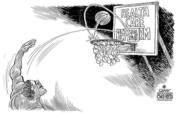 Oliver Schopf, editorial cartoons from Austria, cartoonist from Austria, Austrian illustrations, illustrator from Austria, editorial cartoon  united states of amerika usa  health care reform 2009 usa, obama, health care, reform, basket ball politician politicians
