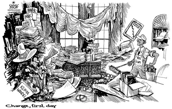 Oliver Schopf, editorial cartoons from Austria, cartoonist from Austria, Austrian illustrations, illustrator from Austria, editorial cartoon president of the united states of amerika usa barack obama 2009: change first day white house, oval office, cleaning, order

