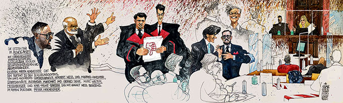Oliver Schopf, politischer Karikaturist aus Österreich, politische Karikaturen aus Österreich, Karikatur Illustrationen Gerichtszeichnungen 2020: BUWOG PROZESS WIEN LANDESGERICHT GROSSER SCHWURGERICHTSSAAL KARL-HEINZ GRASSER WALTER MEISCHBERGER PETER HOCHEGGER PLÄDOYERS STAATSANWÄLTE VERTEIDIGER RICHTERIN MARION HOHENECKER ALEXANDER MARCHART GERALD DENK NORBERT WESS MANFRED AINEDTER 
