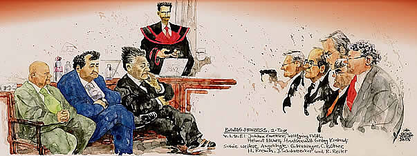 1. BAWAG-Prozesstag: Die BAWAGangeklagten: Johann Zwettler, Wolfgang Flöttl, Helmut Elsner, Günter Weninger, Christian Büttner, Hubert Kreuch, Josef Schwarzecker, Robert Reiter. Oliver Schopf, politischer Karikaturist aus Österreich, politische Karikaturen aus Österreich, Karikatur Illustrationen Gerichtszeichnungen Gerichtzeichnungen Prozesszeichnung Gerichtsaalzeichnungen Gerichtssaalzeichnungen BAWAG-Prozess 2007 - 2008: Größter Banken- und Wirtschaftsprozess der Zweiten Republik. 9 Angeklagte, darunter die
Exbankgeneraldirektoren Helmut Elsner und Johann Zwettler und der Investmentbanker Wolfgang Flöttl jun., Richterin: Claudia Bandion-Ortner
