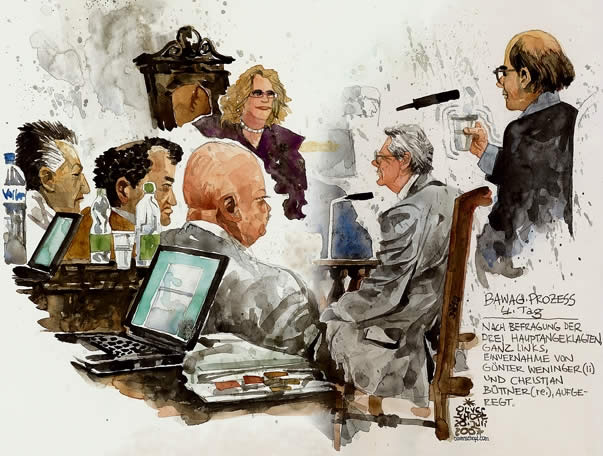 4. BAWAG-Prozesstag: Oliver Schopf, politischer Karikaturist aus Österreich, politische Karikaturen aus Österreich, Karikatur Illustrationen Gerichtszeichnungen Gerichtzeichnungen Prozesszeichnung Gerichtsaalzeichnungen Gerichtssaalzeichnungen BAWAG-Prozess 2007 - 2008: Größter Banken- und Wirtschaftsprozess der Zweiten Republik. 9 Angeklagte, darunter die
Exbankgeneraldirektoren Helmut Elsner und Johann Zwettler und der Investmentbanker Wolfgang Flöttl jun., Richterin: Claudia Bandion-Ortner