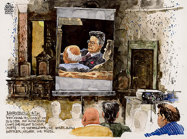 6. BAWAG-Prozesstag: Der Angeklagte Ex-BAWAG-Vorstand Mag. Peter Nakowitz wird befragt. Oliver Schopf, politischer Karikaturist aus Österreich, politische Karikaturen aus Österreich, Karikatur Illustrationen Gerichtszeichnungen Gerichtzeichnungen Prozesszeichnung Gerichtsaalzeichnungen Gerichtssaalzeichnungen BAWAG-Prozess 2007 - 2008: Größter Banken- und Wirtschaftsprozess der Zweiten Republik. 9 Angeklagte, darunter die
Exbankgeneraldirektoren Helmut Elsner und Johann Zwettler und der Investmentbanker Wolfgang Flöttl jun., Richterin: Claudia Bandion-Ortner
