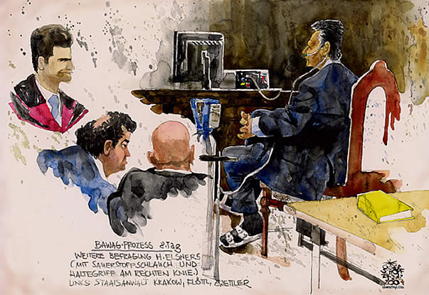 8. BAWAG-Prozesstag: Der Angeklagte Ex-BAWAG-Vorstand Mag. Peter Nakowitz wird befragt. Oliver Schopf, politischer Karikaturist aus Österreich, politische Karikaturen aus Österreich, Karikatur Illustrationen Gerichtszeichnungen Gerichtzeichnungen Prozesszeichnung Gerichtsaalzeichnungen Gerichtssaalzeichnungen BAWAG-Prozess 2007 - 2008: Größter Banken- und Wirtschaftsprozess der Zweiten Republik. 9 Angeklagte, darunter die
Exbankgeneraldirektoren Helmut Elsner und Johann Zwettler und der Investmentbanker Wolfgang Flöttl jun., Richterin: Claudia Bandion-Ortner