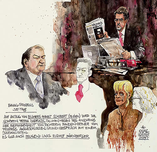 BAWAG trial:  the verdict. Oliver Schopf, editorial cartoons, court room art, BAWAG Trial 2007: Most important bank and economy trial in Austria&#8217;s  Second Republik. 9 defendents among 2 CEO and one international investment banker. The defendants: Wolfgang Floett; Helmut Elsner; Johann Zwettler