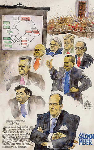BAWAG trial:  the verdict. Oliver Schopf, editorial cartoons, court room art, BAWAG Trial 2007: Most important bank and economy trial in Austria&#8217;s  Second Republik. 9 defendents among 2 CEO and one international investment banker. The defendants: Wolfgang Floett; Helmut Elsner; Johann Zwettler