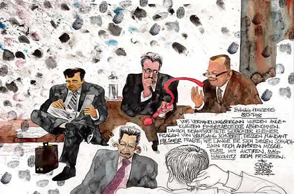  Oliver Schopf, editorial cartoons, court room art, BAWAG Trial 2007: Most important bank and economy trial in Austria&#8217;s  Second Republik. 9 defendents among 2 CEO and one international investment banker. The defendants: Wolfgang Floett; Helmut Elsner; Johann Zwettler