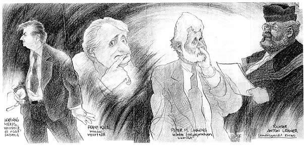 Oliver Schopf, editorial cartoons from Austria, cartoonist from Austria, Austrian illustrations, illustrator from Austria, editorial cartoon court room art: fraud trial against Franz Kalal and the famous Austrian journalist Peter M. Lingens and lawyer Wolfgang Mekis