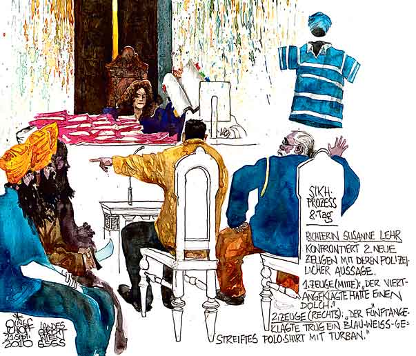 Oliver Schopf, editorial cartoons, court room art, BAWAG Trial 2010: Vienna court sikh trial Vienna court sikh trial ravidass witness laywer alexia stuefer josef philipp bischof