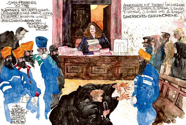 Oliver Schopf, editorial cartoons, court room art, BAWAG Trial 2010: Vienna court sikh trial ravidass verdict judge susanne lehr lawyer alexia stuefer 
