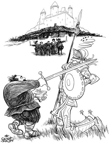 Oliver Schopf, editorial cartoons from Austria, cartoonist from Austria, Austrian illustrations, illustrator from Austria, editorial cartoon book illustration: Miguel de Cervantes Saavedra's Don Quijote Don Quixote Man of la Mancha