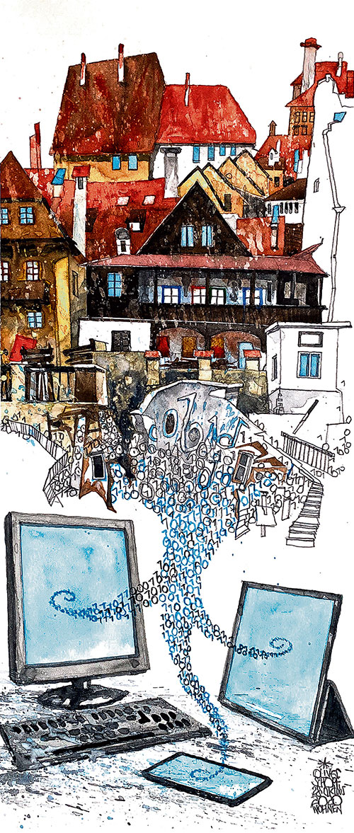 Oliver Schopf, editorial cartoons from Austria, cartoonist from Austria, Austrian illustrations, illustrator from Austria, editorial cartoon painting artwork painting, Cartoon Arts International, Der Standard October supplement 2020: WOHNEN SUPPLEMENT DIGITIZATION LIVING DIGITAL PC IPAD IPHONE CELL PHONE HOUSES CESKY KRUMLOV EGON SCHIELE    