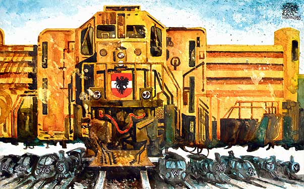 Oliver Schopf, editorial cartoons from Austria, cartoonist from Austria, Austrian illustrations, illustrator from Austria, editorial cartoon painting artwork painting 2011: locomotive railway diesel 