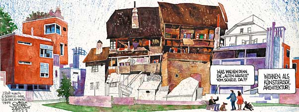 Oliver Schopf, editorial cartoons from Austria, cartoonist from Austria, Austrian illustrations, illustrator from Austria, editorial cartoon painting artwork painting 2011:EGON SCHIELE DRAWING OLD HOUSES KRUMAU DOMESTIC ARCHITECTURE 
