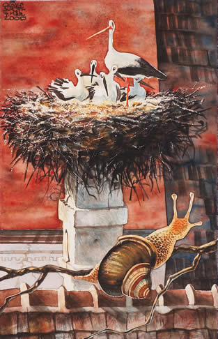 Oliver Schopf, editorial cartoons from Austria, cartoonist from Austria, Austrian illustrations, illustrator from Austria, editorial cartoon artwork domestic architecture home stork snail house nest