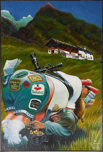 Oliver Schopf, editorial cartoons from Austria, cartoonist from Austria, Austrian illustrations, illustrator from Austria, editorial cartoon artwork tourist trap alps big bussiness tourism in the Austrian alps