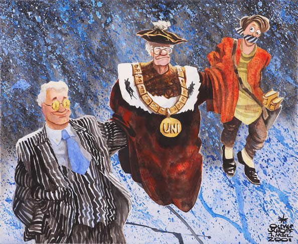 Oliver Schopf, editorial cartoons from Austria, cartoonist from Austria, Austrian illustrations, illustrator from Austria, editorial cartoon artwork bussiness and university economy and university influence of economy to universities