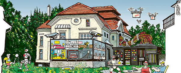 Oliver Schopf, editorial cartoons from Austria, cartoonist from Austria, Austrian illustrations, illustrator from Austria, editorial cartoon painting artwork painting, Cartoon Movement, CartoonArts International 2023: LIVING RESIDING DWELLNG ABODE HOUSE DIGITAL ARTIFICIAL INTELLIGENCE ROBOT SERVER DRONE CAMERA VIDEO OBSERVATION MONITORING LED SCREEN      