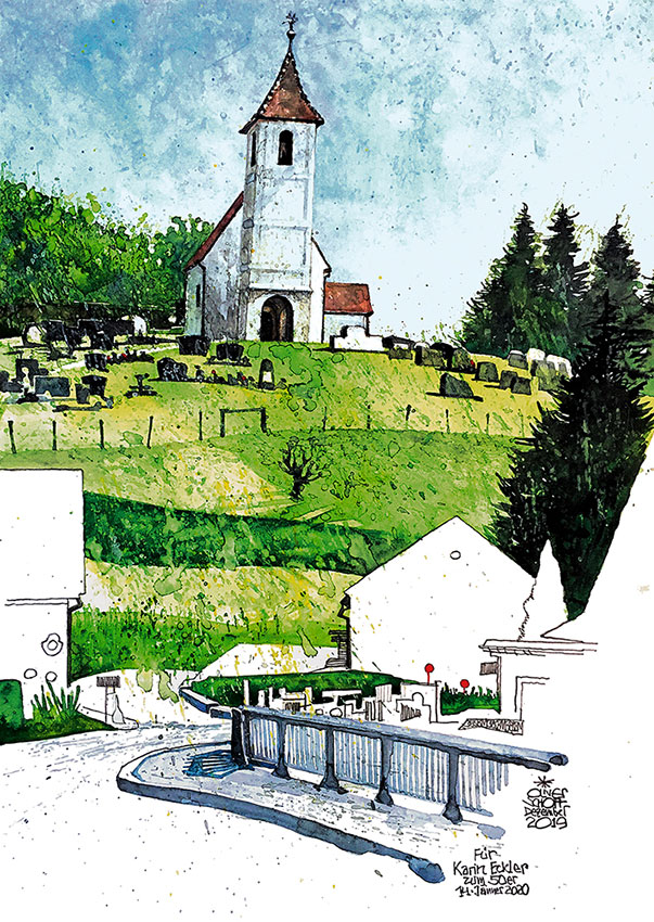 Oliver Schopf, editorial cartoons from Austria, cartoonist from Austria, Austrian illustrations, illustrator from Austria, editorial cartoon painting watercolor artwork, Cartoon Arts International, 2019: BURGENLAND ZAHLING ELTENDORF CHURCH KARIN ECKLER BIRTHDAY PARISH COUNCIL   