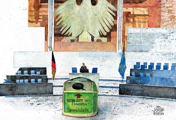  Oliver Schopf, politischer Karikaturist aus Österreich, politische Karikaturen, Illustrationen Archiv politische Karikatur Deutschland: 2009: Reden bitte hier einwerfen der deutsche bundestag, reden, sammelstelle, rednerpult, regierungsbaenke, sueddeutsche zeitung