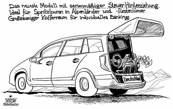  Oliver Schopf, politischer Karikaturist aus Österreich, politische Karikaturen, Illustrationen Archiv politische Karikatur Deutschland: deutschland, steuerhinterziehung, auto, kofferraum, banking, spritztour, alpenlaender