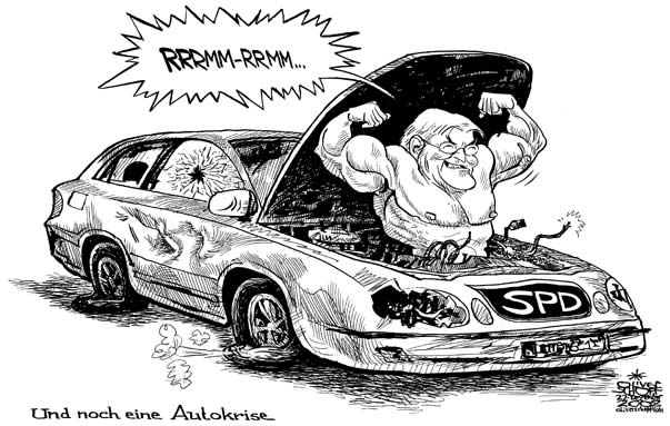  Oliver Schopf, politischer Karikaturist aus Österreich, politische Karikaturen, Illustrationen Archiv politische Karikatur Deutschland: 2008:
Deutschland, Frank-Walter Steinmeier, spd, autokrise, motor, kraftakt, bodybuilder  